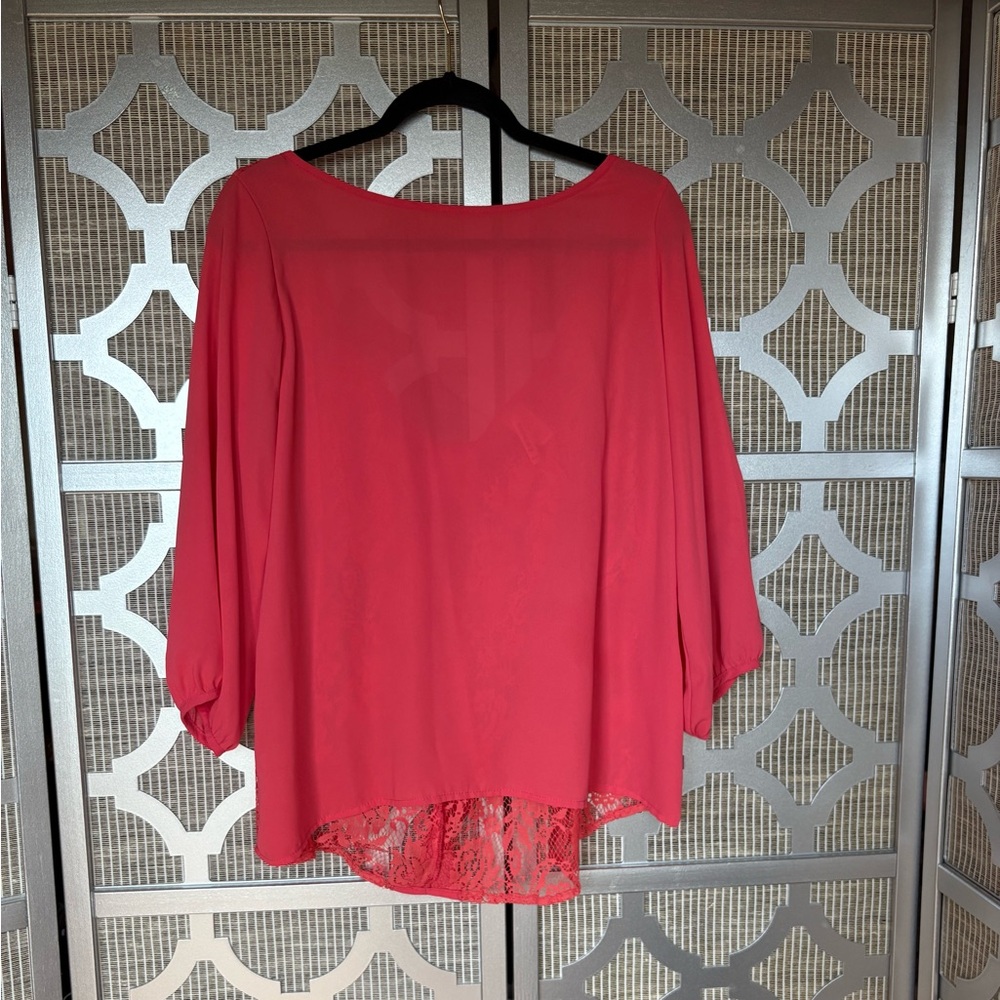 Pink Ruffled Tie Front 3/4 Sleeve Blouse
